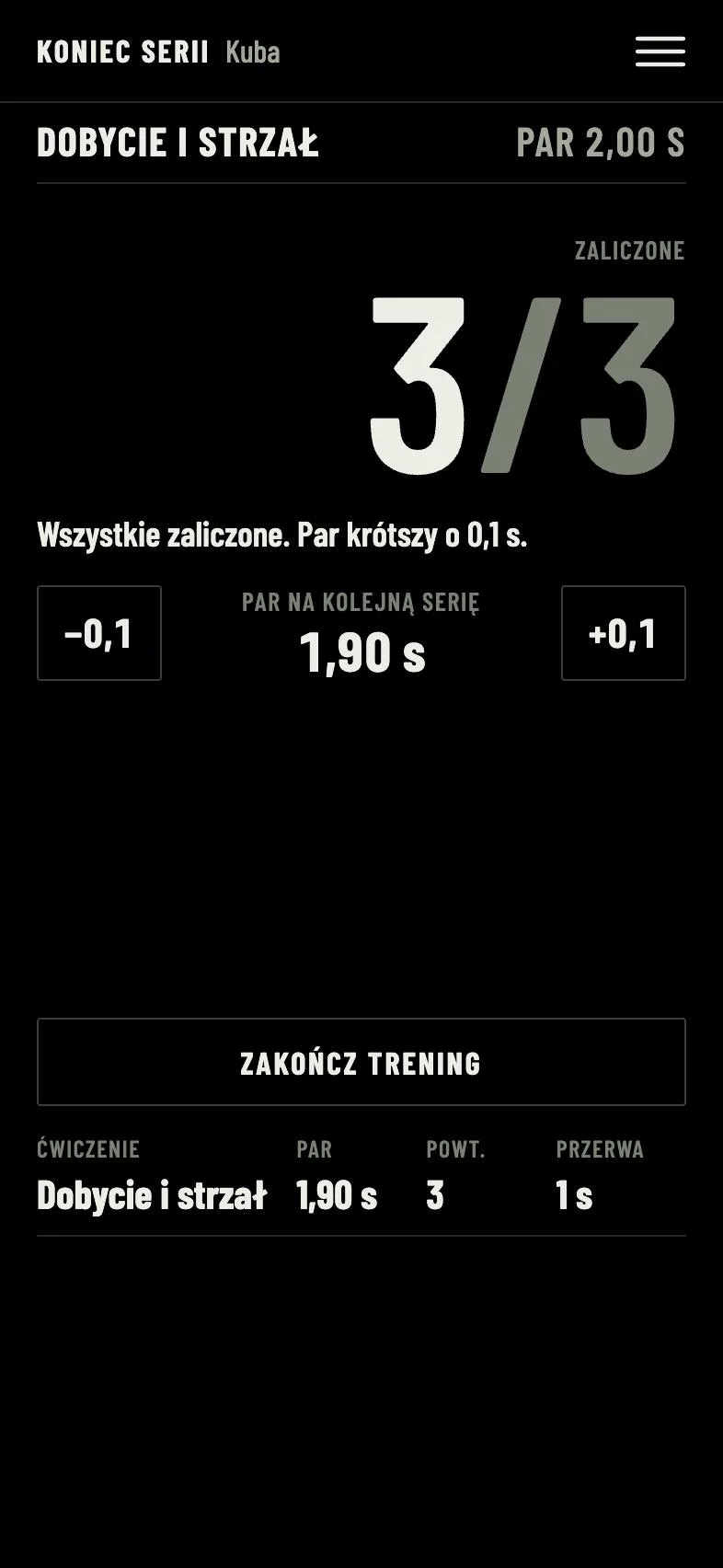 Wynik serii dry fire. Dobycie i strzał, zaliczone 3 z 3, par na kolejną serię 1,90 s.
